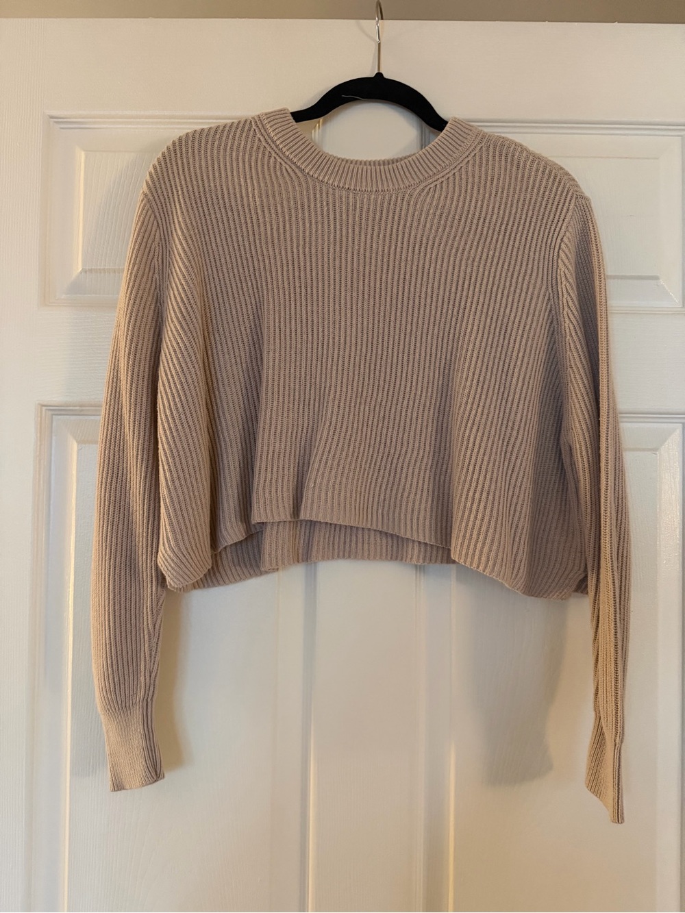 Cropped Ribbed Crewneck Sweater - Beige